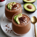 Keto chocolade mousse met avocado en stukjes chocobar in een glas