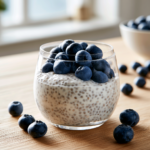 High protein chia pudding met blauwe bessen als eiwitrijk ontbijt.