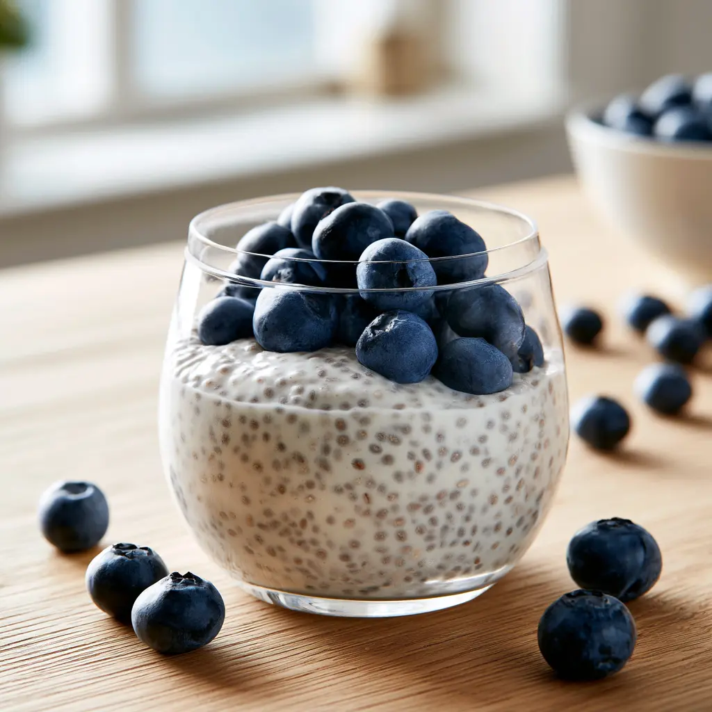 High protein chia pudding met blauwe bessen als eiwitrijk ontbijt.
