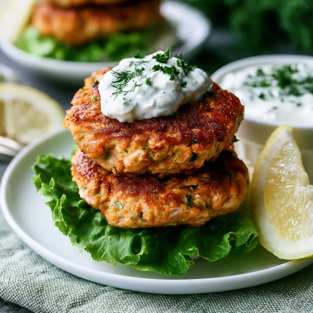 Keto zalmburgers van verse zalm met romige kruidensaus, sla en citroen.