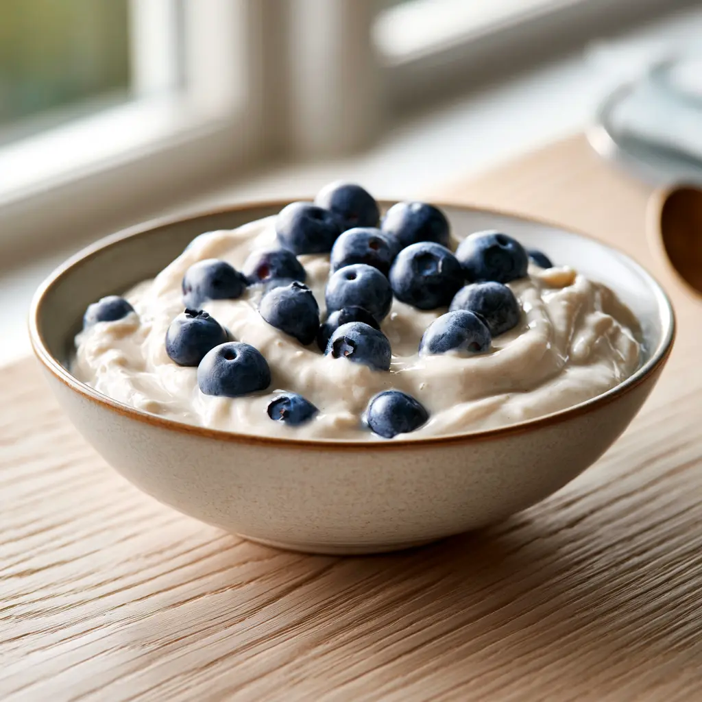 High protein kwark bowl met blauwe bessen als eiwitrijk ontbijt.