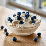 High protein overnight bowl met blauwe bessen als eiwitrijk ontbijt.