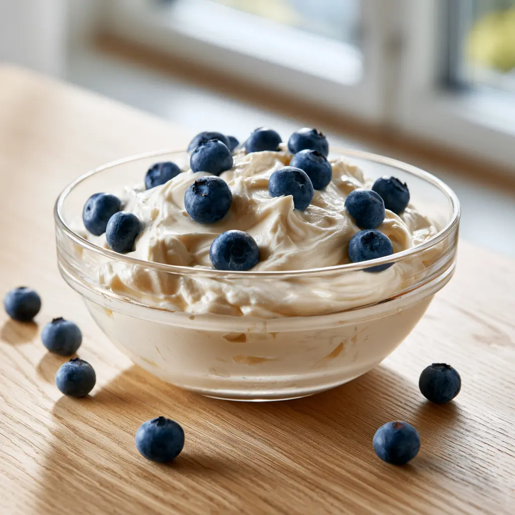 High protein overnight bowl met blauwe bessen als eiwitrijk ontbijt.