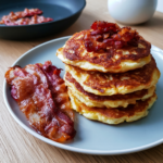 Keto high protein roomkaas pannenkoekjes met krokante bacon op een bord als koolhydraatarm ontbijt.