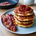 Keto high protein roomkaas pannenkoekjes met krokante bacon op een bord als koolhydraatarm ontbijt.