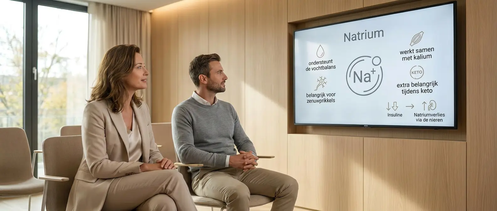 Presentatie over natrium tijdens een keto voedingspatroon met uitleg over de vochtbalans, zenuwfunctie en de samenwerking met kalium.